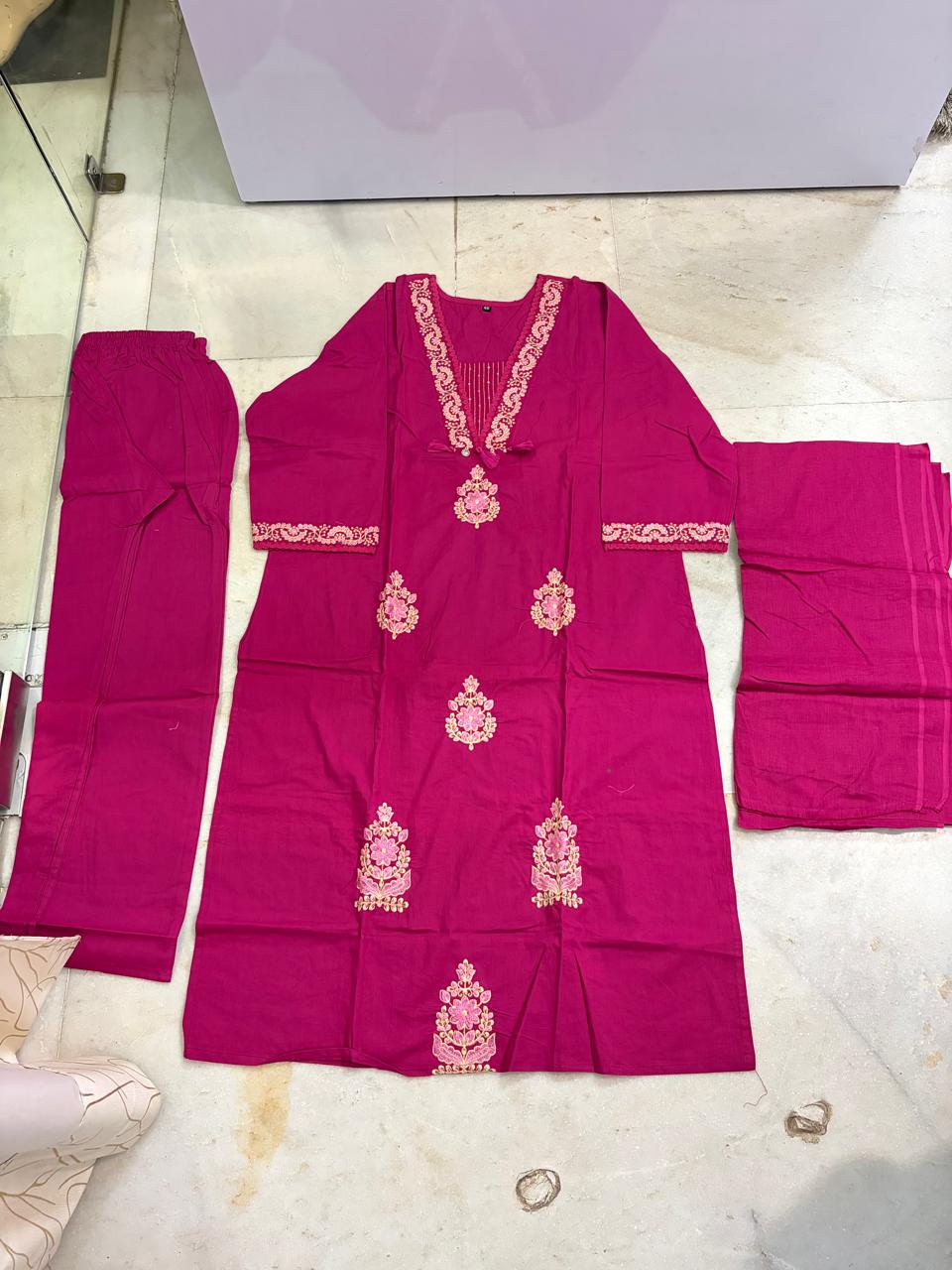 Elegant Fuchsia Cotton Kashida Work Three-Piece Suit Set