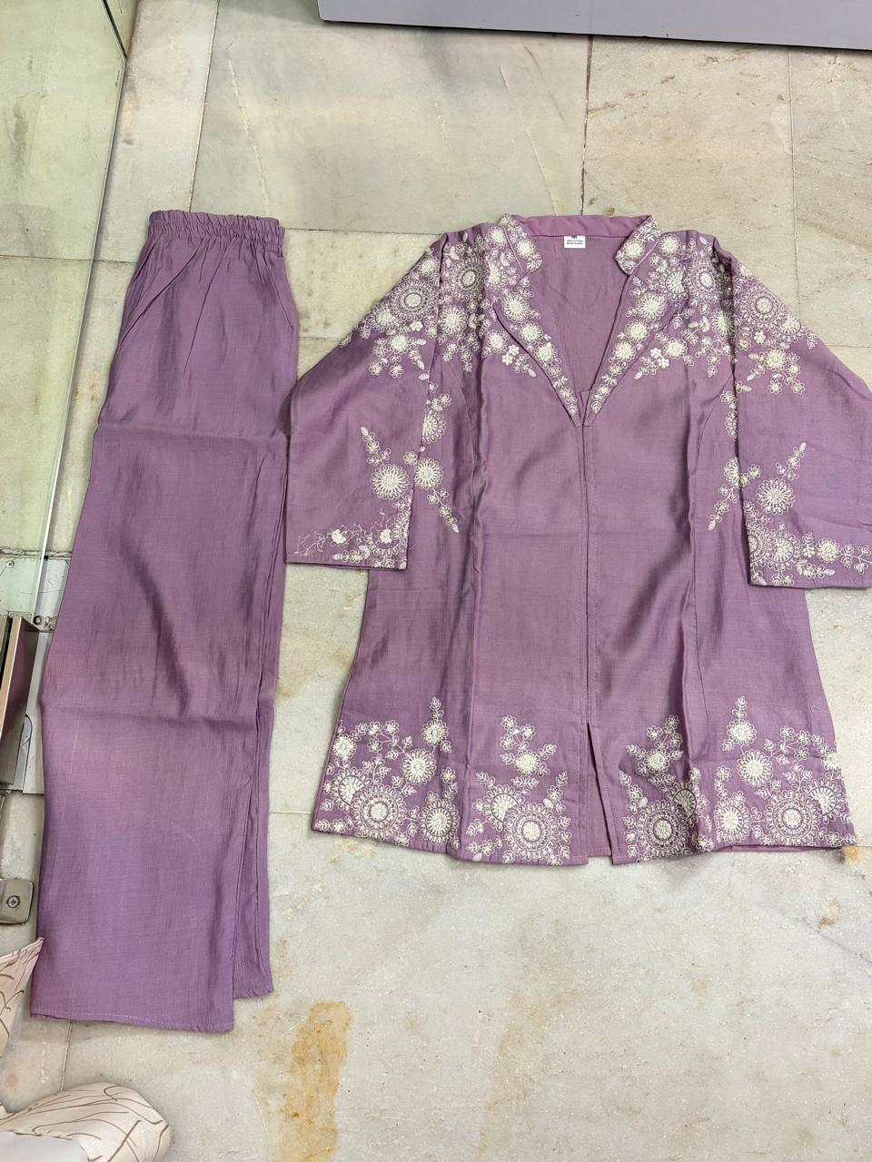 Premium Lavender Kashida Work Cotton Co-Ord Set