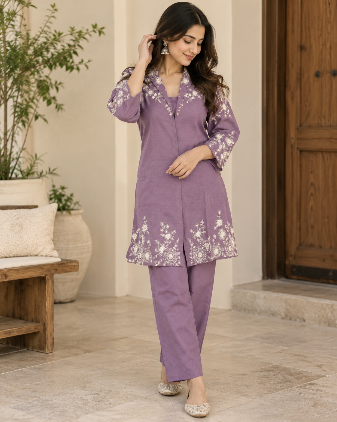 Premium Lavender Kashida Work Cotton Co-Ord Set