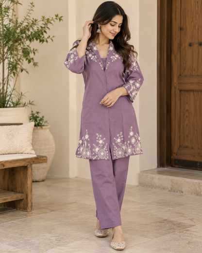 Premium Lavender Kashida Work Cotton Co-Ord Set