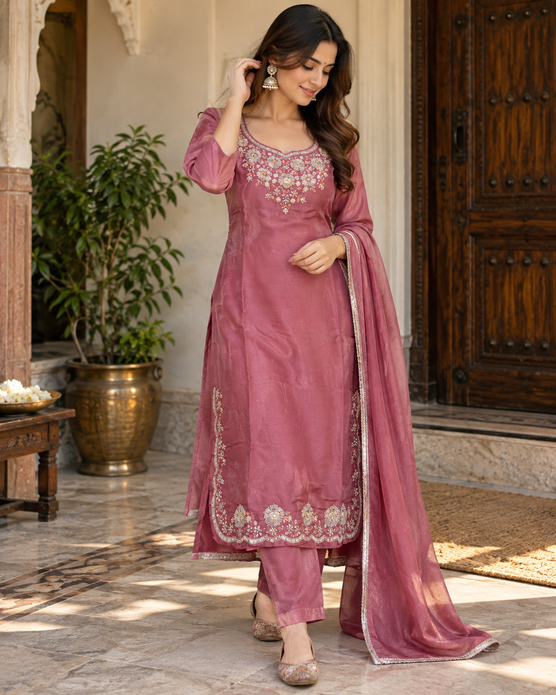 Elegant Chinnon Silk Handwork Kurti Pant Set