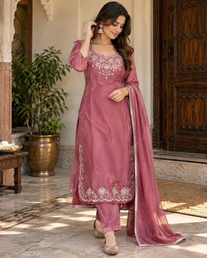 Elegant Chinnon Silk Handwork Kurti Pant Set