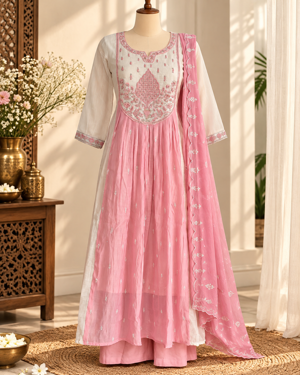 Elegant Blush Pink Malchanderi Silk Naira Cut Three-Piece Suit
