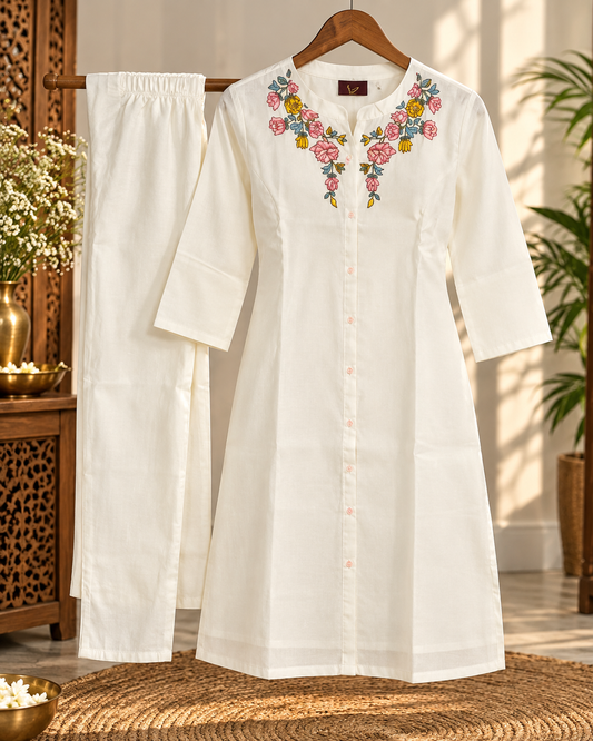 Elegant White Chanderi Silk Embroidered Co-Ord Set
