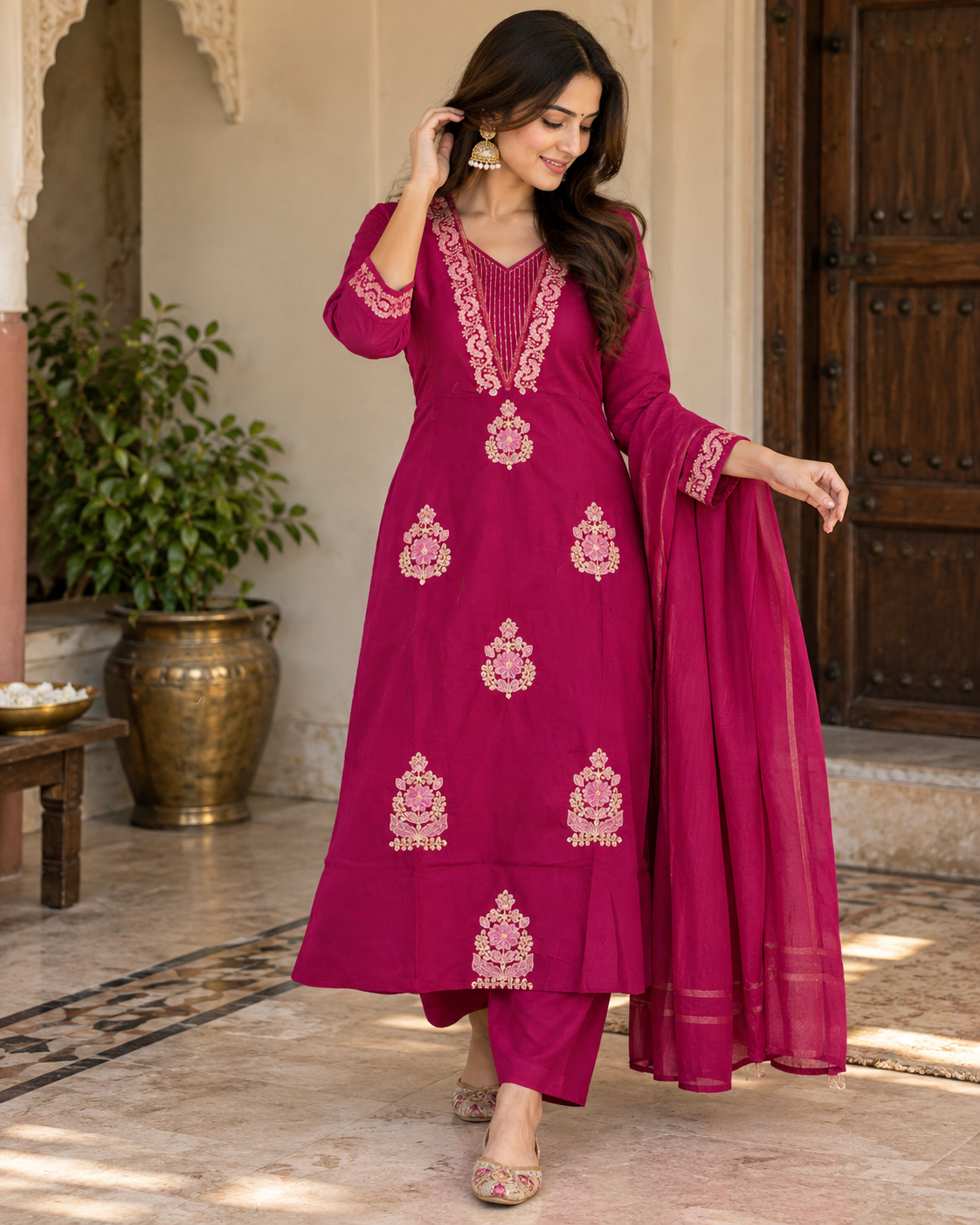 Elegant Fuchsia Cotton Kashida Work Three-Piece Suit Set