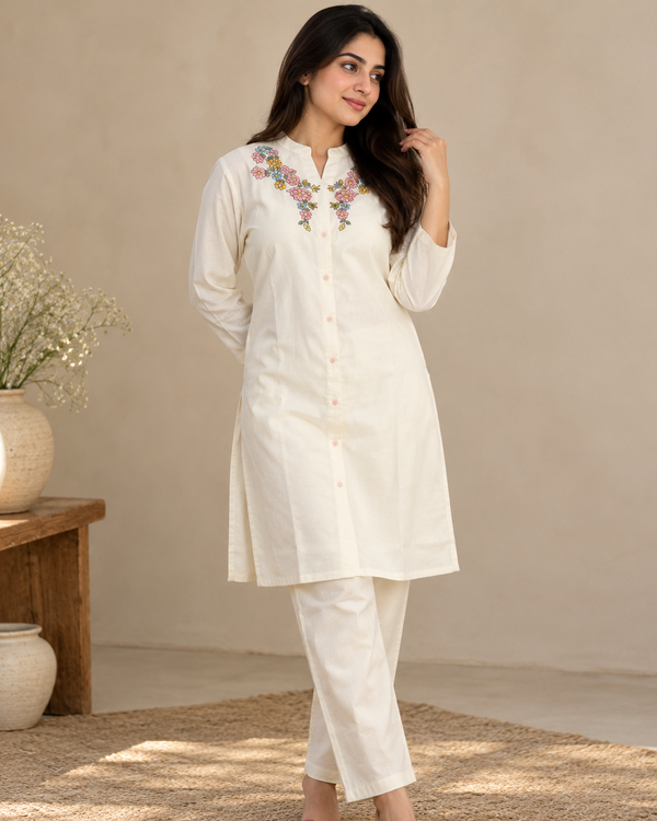 Elegant White Chanderi Silk Embroidered Co-Ord Set