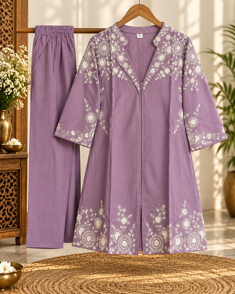 Premium Lavender Kashida Work Cotton Co-Ord Set