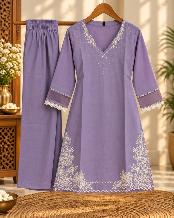 Elegant Lavender Kashida Work Co-Ord Set