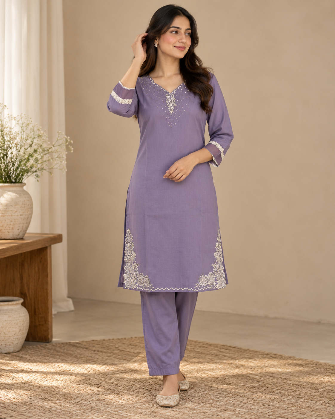 Elegant Lavender Kashida Work Co-Ord Set