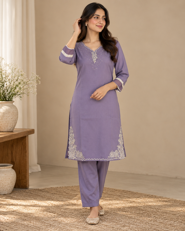 Elegant Lavender Kashida Work Co-Ord Set