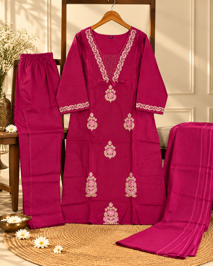 Elegant Fuchsia Cotton Kashida Work Three-Piece Suit Set