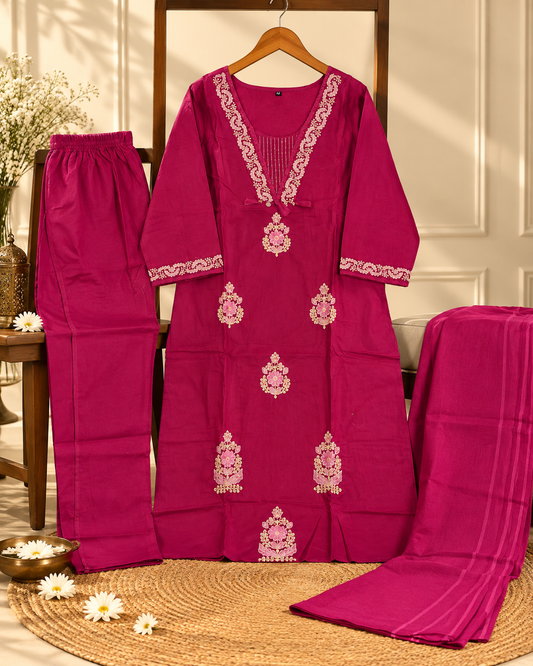 Elegant Fuchsia Cotton Kashida Work Three-Piece Suit Set