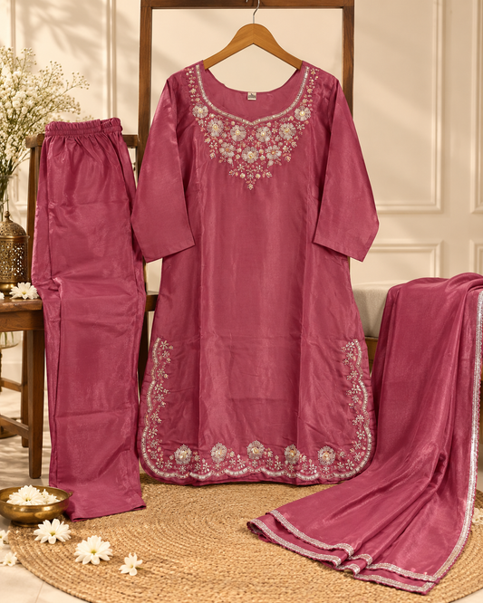 Elegant Chinnon Silk Handwork Kurti Pant Set