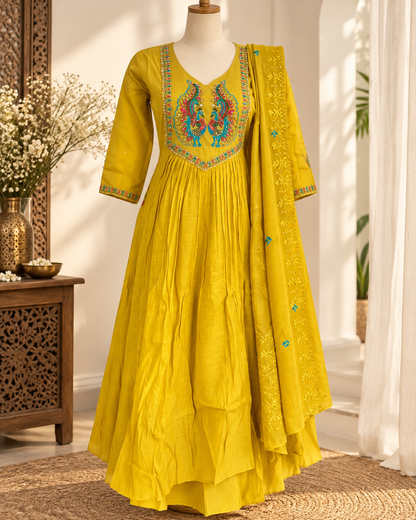 Elegant Mustard Yellow Mal Chanderi Naira Cut Three-Piece Suit