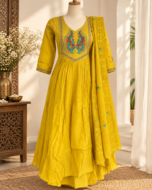 Elegant Mustard Yellow Mal Chanderi Naira Cut Three-Piece Suit