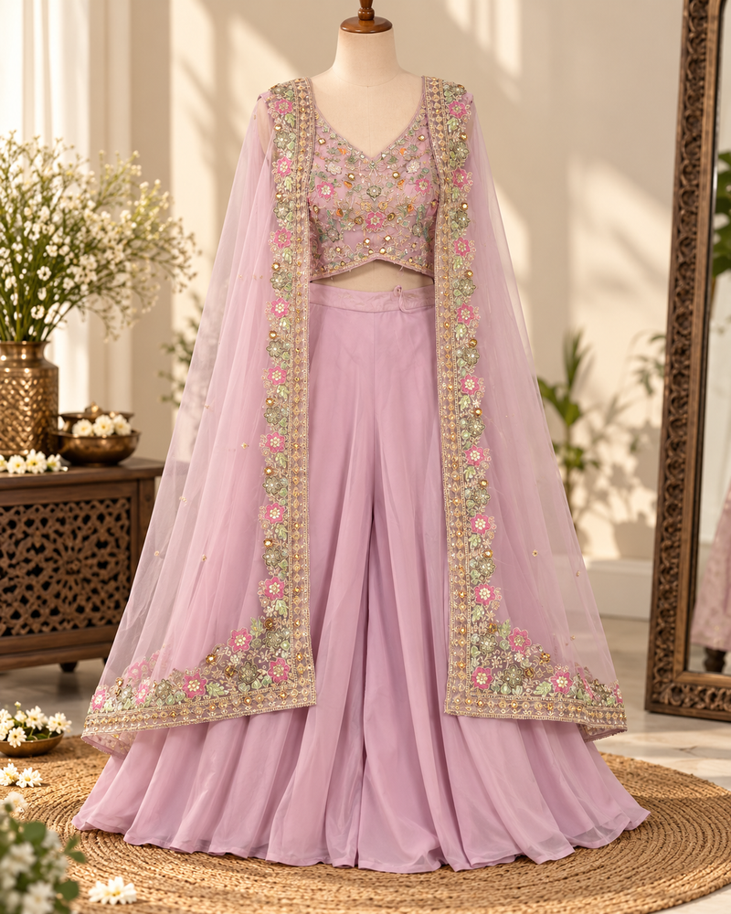Elegant Mauve Pink Embroidered Three-Piece Sharara Set
