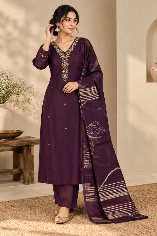Royal Plum Handwork Silk Three-Piece Suit Set