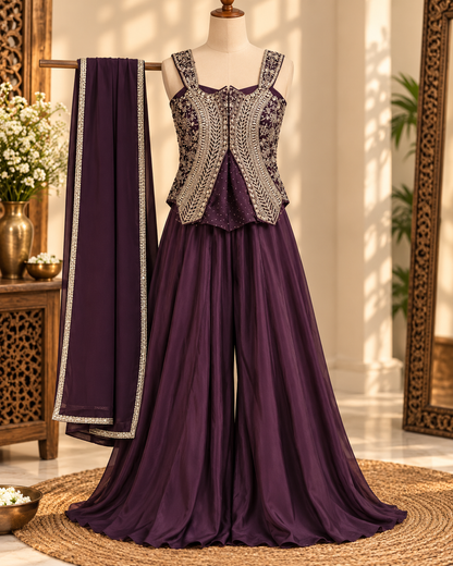 Elegant Deep Plum Diamond Work Three-Piece Suit