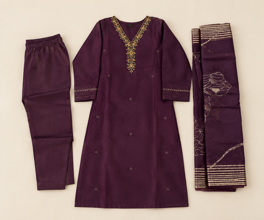 Royal Plum Handwork Silk Three-Piece Suit Set