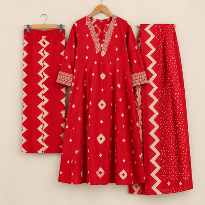 Red Ethnic Three-Piece Suit Set