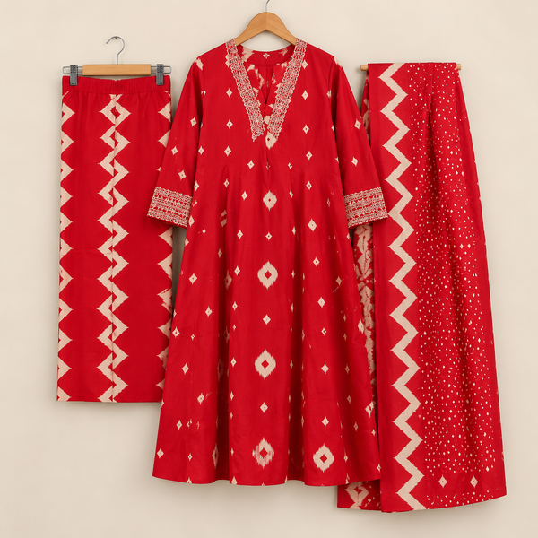 Red Ethnic Three-Piece Suit Set
