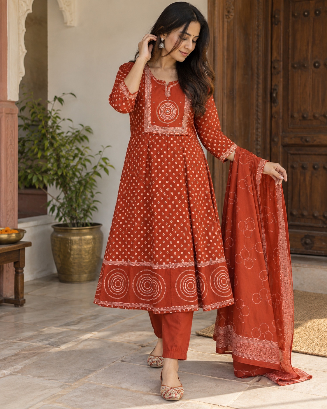 Elegant Rust Orange Cotton Frock Style Three-Piece Suit