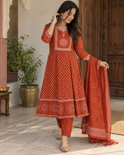 Elegant Rust Orange Cotton Frock Style Three-Piece Suit