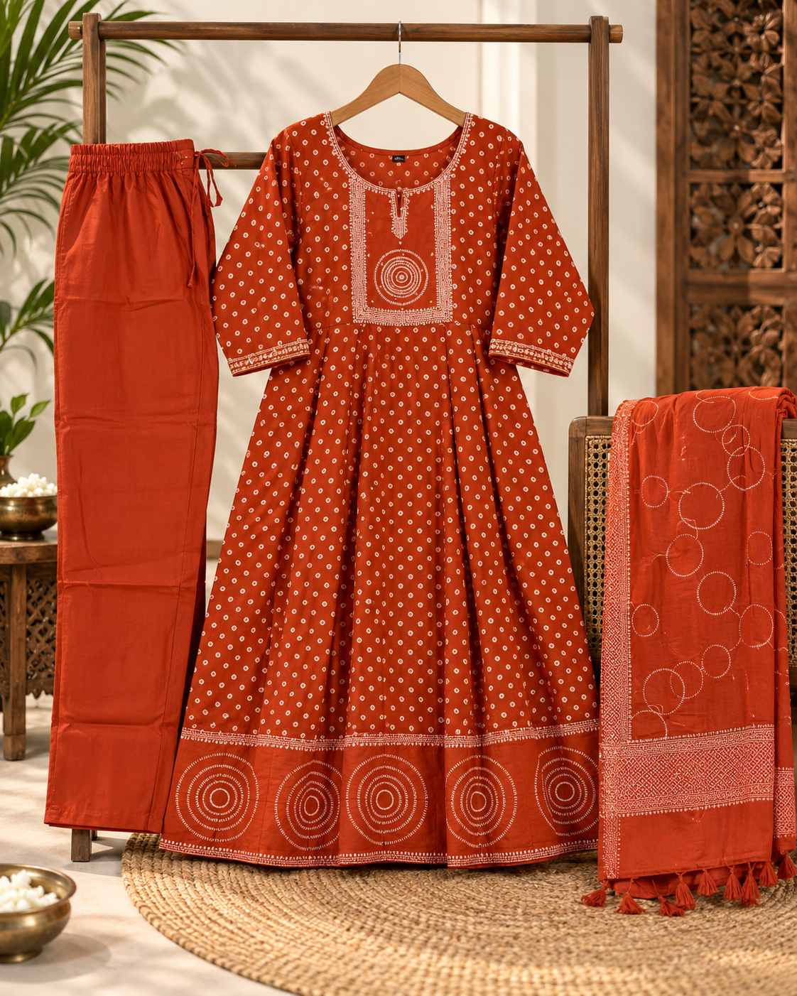 Elegant Rust Orange Cotton Frock Style Three-Piece Suit
