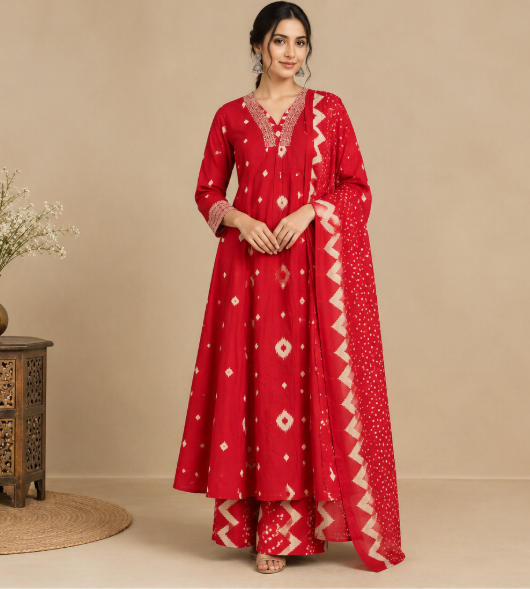 Red Ethnic Three-Piece Suit Set