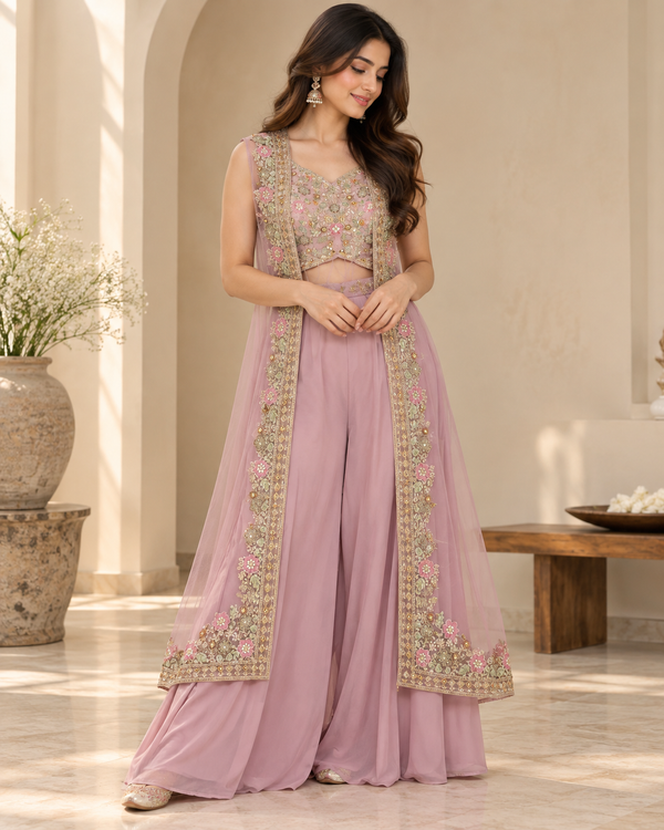 Elegant Mauve Pink Embroidered Three-Piece Sharara Set