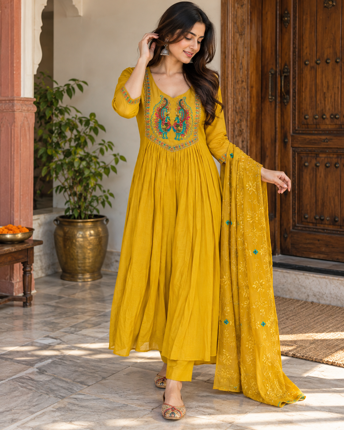 Elegant Mustard Yellow Mal Chanderi Naira Cut Three-Piece Suit