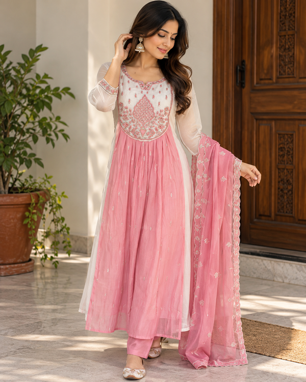 Elegant Blush Pink Malchanderi Silk Naira Cut Three-Piece Suit