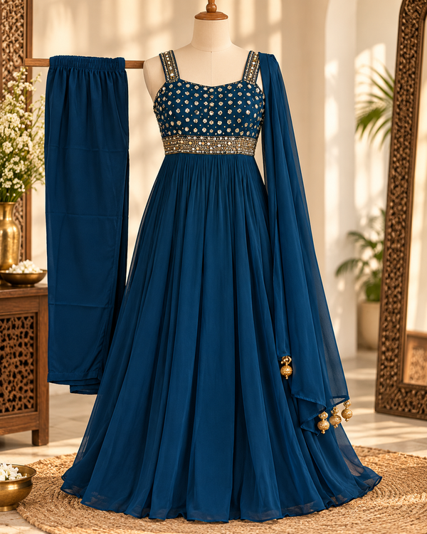 Elegant Midnight Blue Georgette Mirror Work Three-Piece Suit