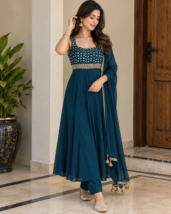 Elegant Midnight Blue Georgette Mirror Work Three-Piece Suit