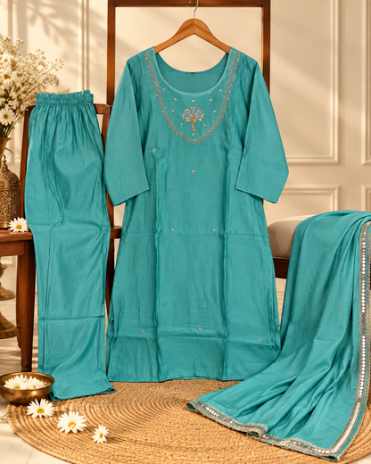 Elegant Teal Embroidered Three-Piece Suit Set