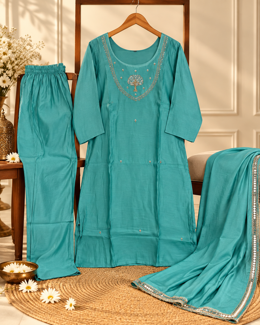 Elegant Teal Embroidered Three-Piece Suit Set