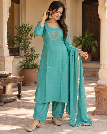 Elegant Teal Embroidered Three-Piece Suit Set