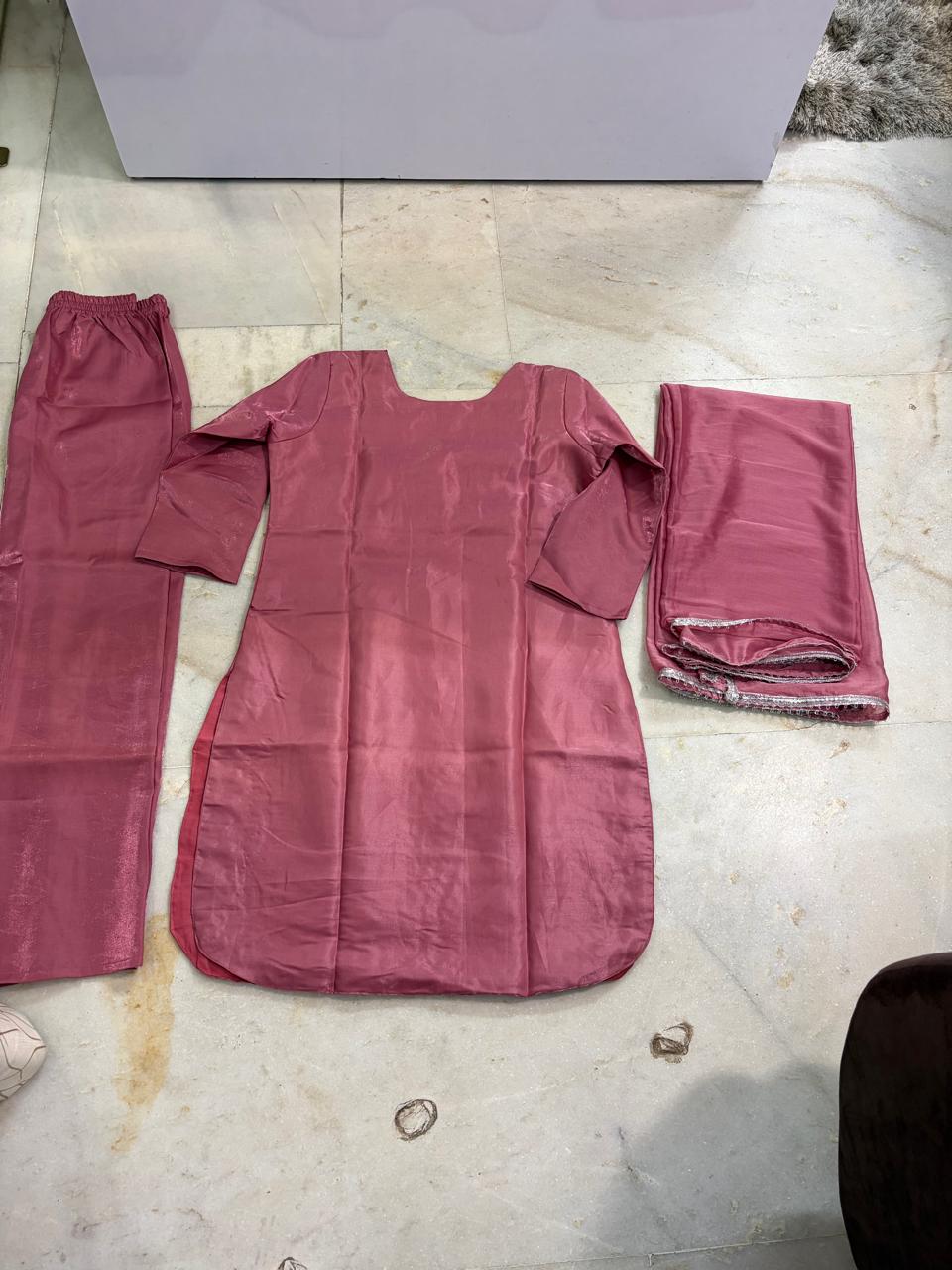 Elegant Chinnon Silk Handwork Kurti Pant Set