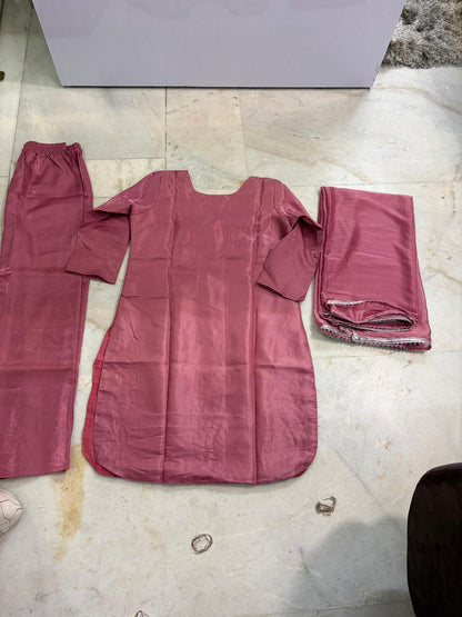 Elegant Chinnon Silk Handwork Kurti Pant Set