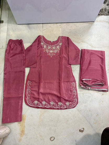 Elegant Chinnon Silk Handwork Kurti Pant Set