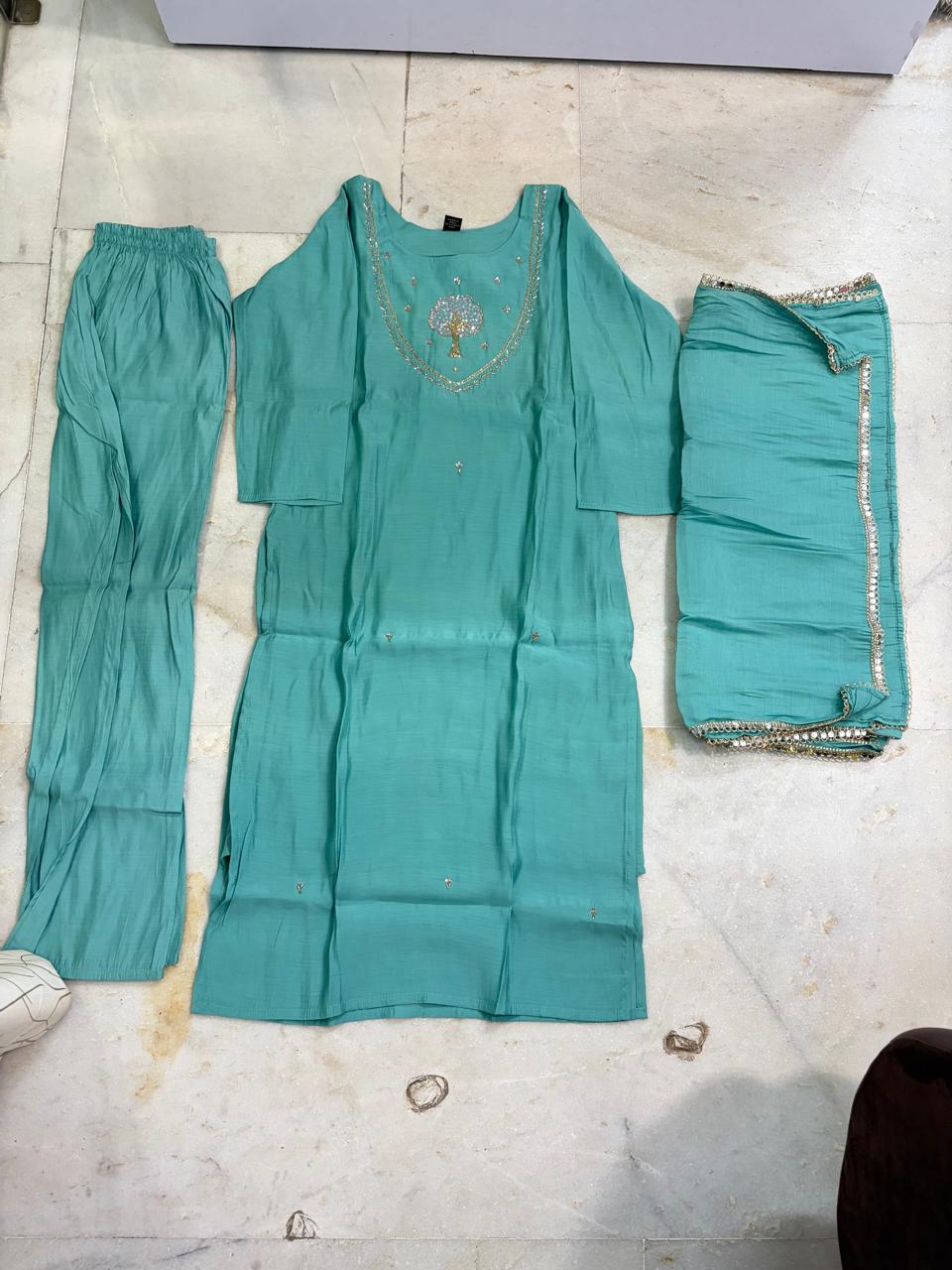 Elegant Teal Embroidered Three-Piece Suit Set
