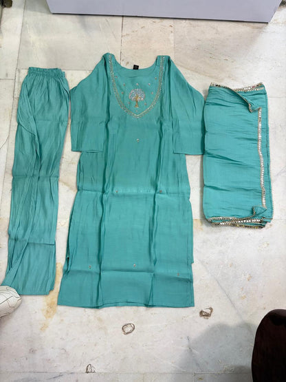 Elegant Teal Embroidered Three-Piece Suit Set