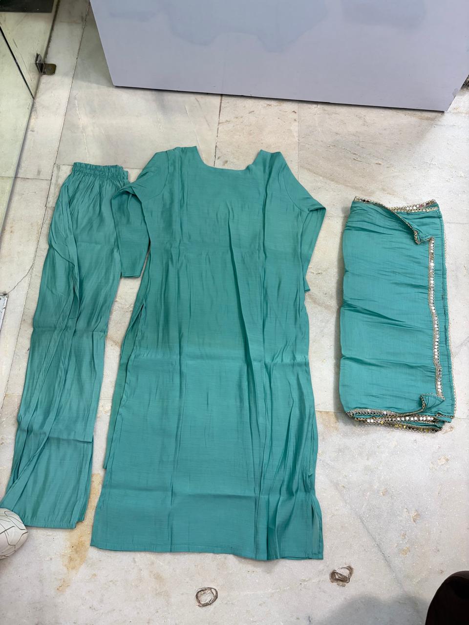 Elegant Teal Embroidered Three-Piece Suit Set