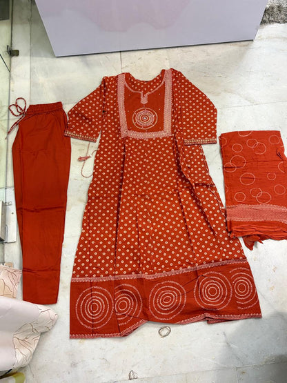Elegant Rust Orange Cotton Frock Style Three-Piece Suit