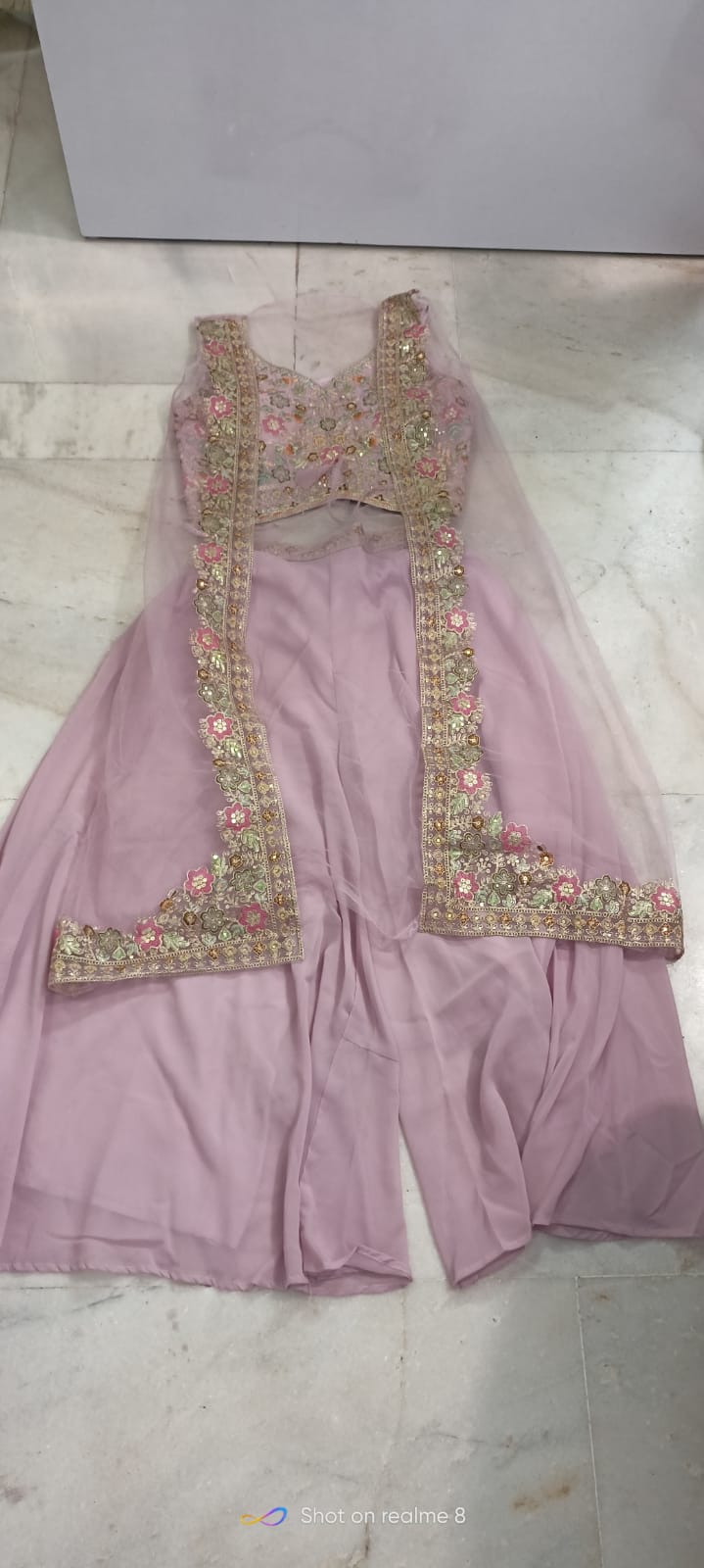 Elegant Mauve Pink Embroidered Three-Piece Sharara Set