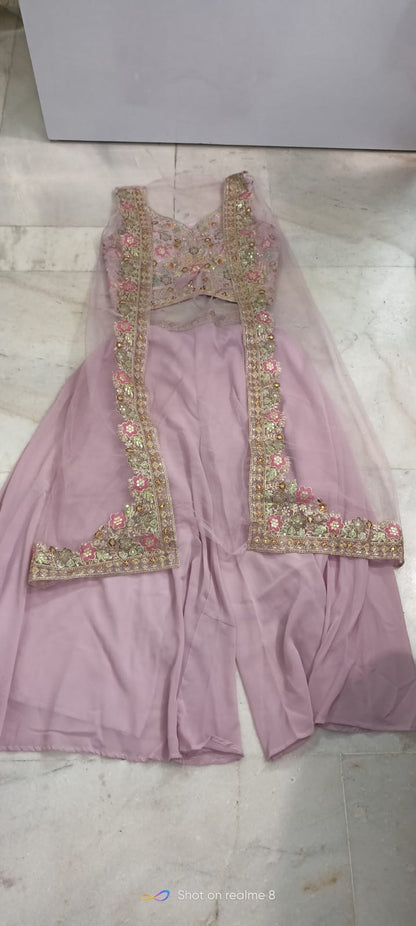 Elegant Mauve Pink Embroidered Three-Piece Sharara Set