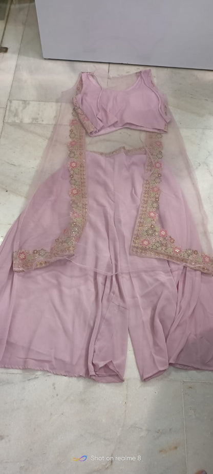 Elegant Mauve Pink Embroidered Three-Piece Sharara Set