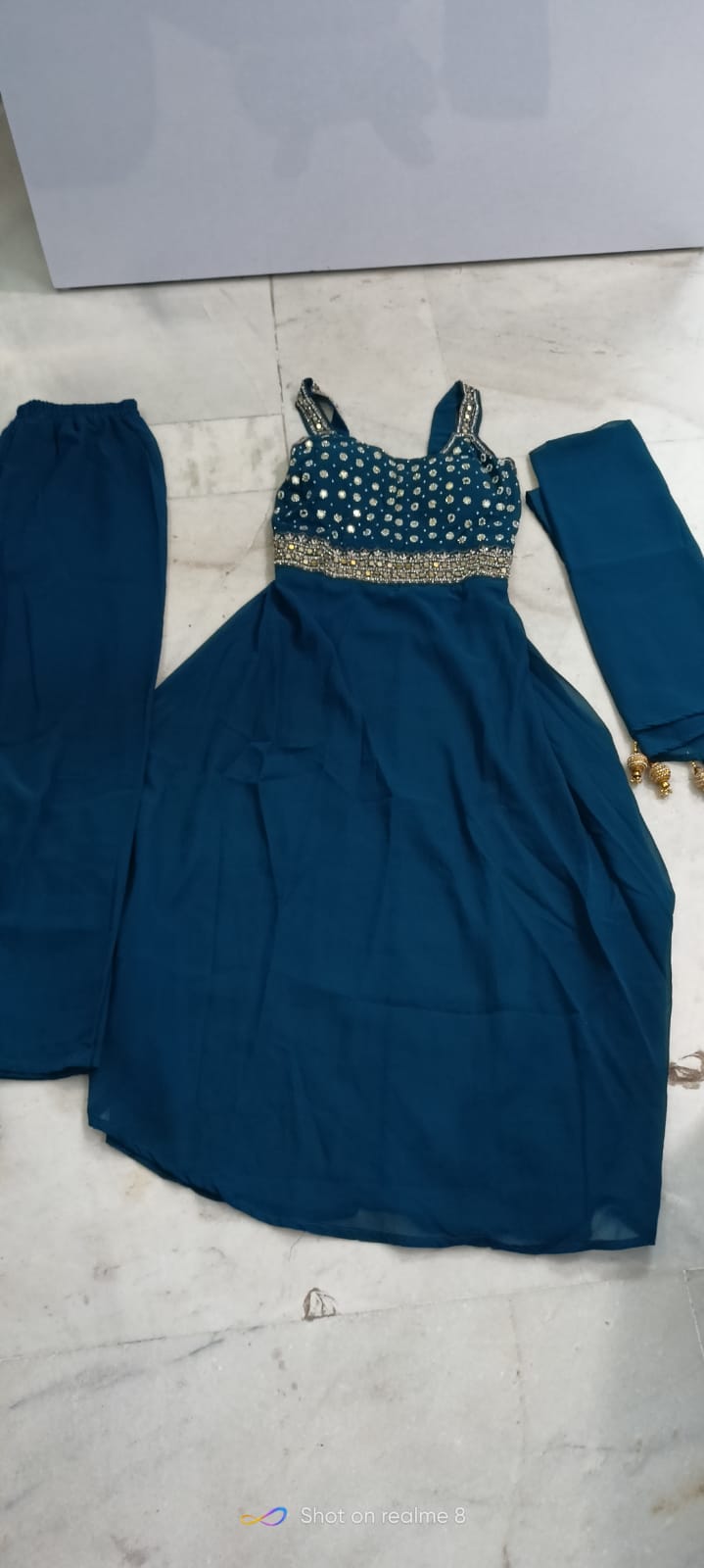 Elegant Midnight Blue Georgette Mirror Work Three-Piece Suit