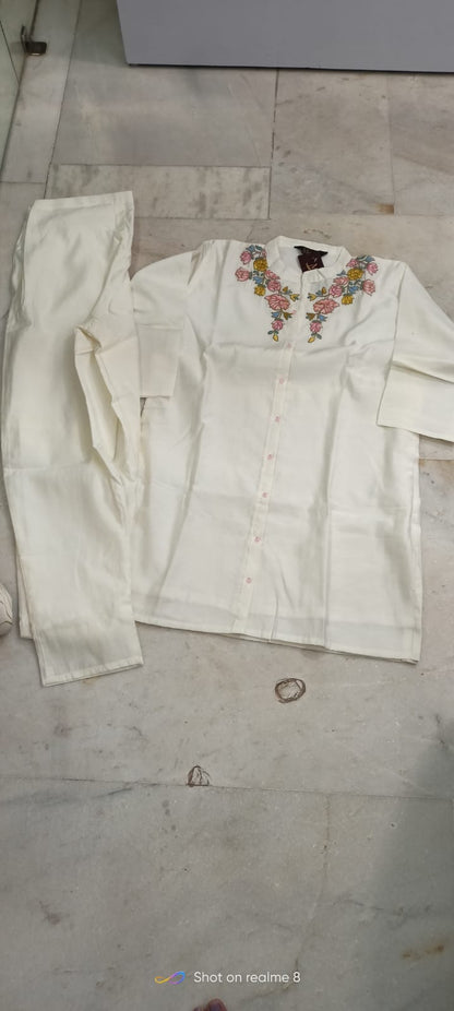 Elegant White Chanderi Silk Embroidered Co-Ord Set