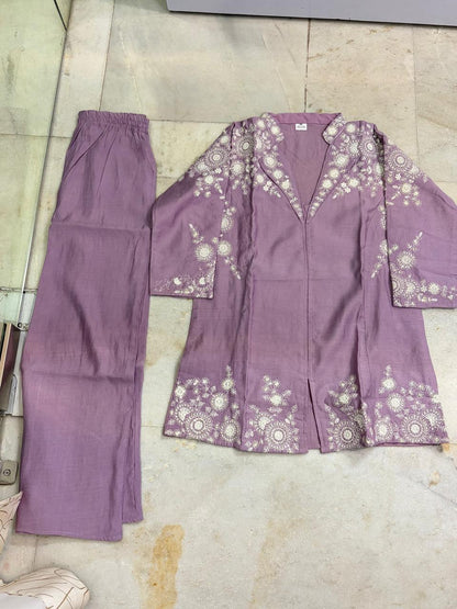 Premium Lavender Kashida Work Cotton Co-Ord Set